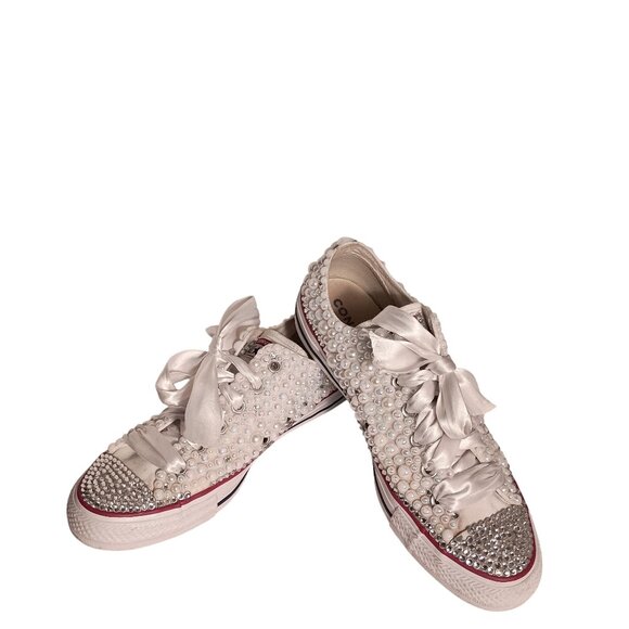Converse All Star Bridal/Prom Pearls Rhinestones & Ribbons Sneakers Size 9.5 - Picture 2 of 12